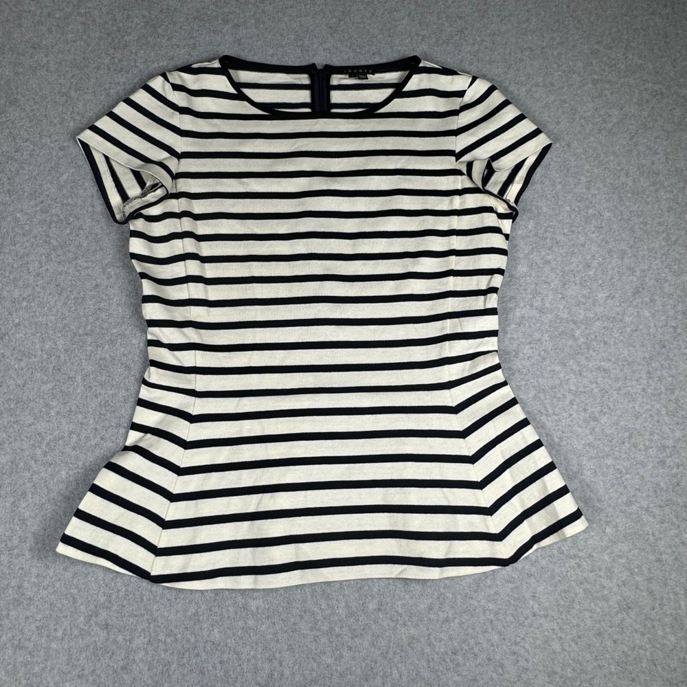 Theory Women 10 Navy Ivory Striped Cotton Peplum Top Silk Trim Short Sleeve